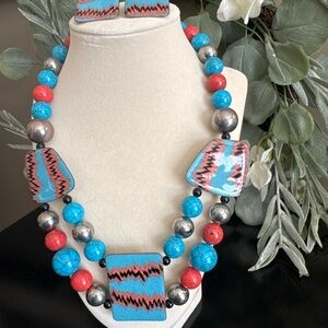 Southwestern Style Turquoise Red Bead Statement Necklace & Earrings Set